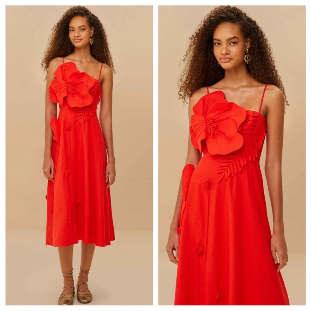 FARM Rio Red One-Shoulder Floral Applique Midi Dress